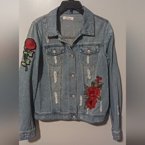 Elan Distressed Denim Jacket with Red Rose Embroidery